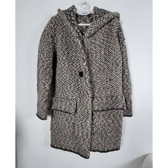 OSKA Womens Hooded Wool Blend Coat Black & White Tweed Herringbone Jacket Size 1